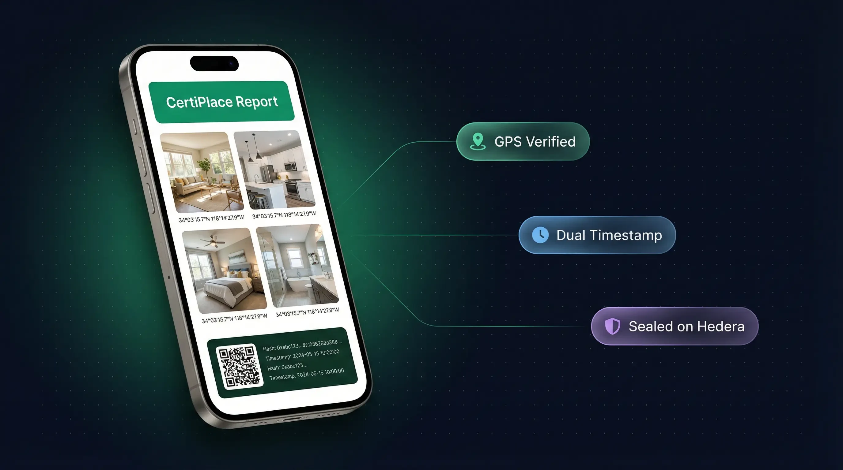 CertiPlace report example with verified photos, GPS map, timestamps, and Hedera blockchain seal